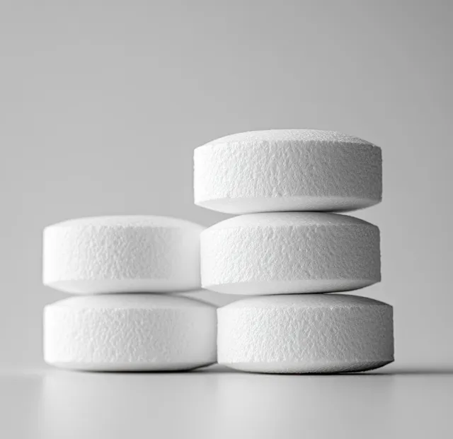 Three effervescent multivitamin tablets are stacked on a white background with visible textured surfaces.