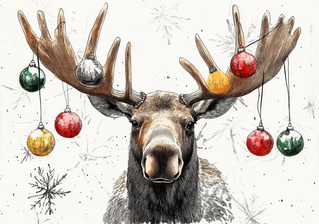 A cheerful hand-drawn moose adorned with Christmas ornaments on its antlers in a festive winter setting.