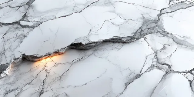 White Marble Surface with Gray Veins and Warm Glowing Crack