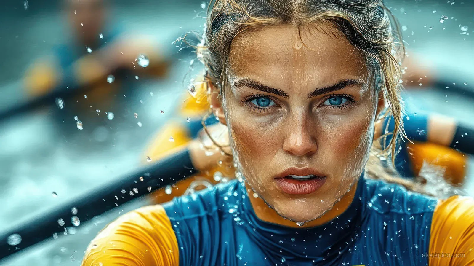 A determined female rower with wet hair and blue eyes faces forward as water droplets spray during training.