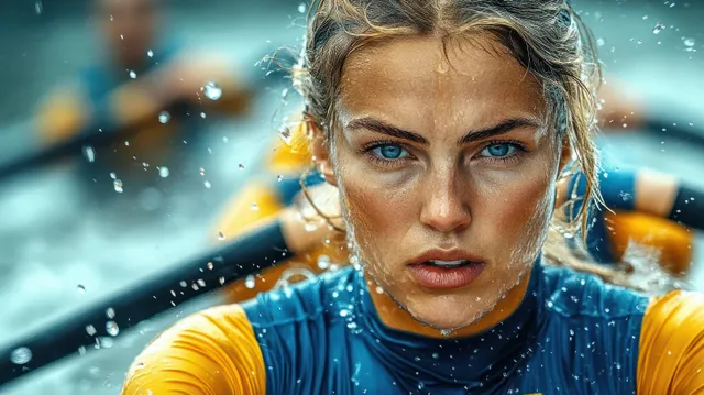 Determined rower woman stares ahead in a splashy outdoor training session, water droplets flying