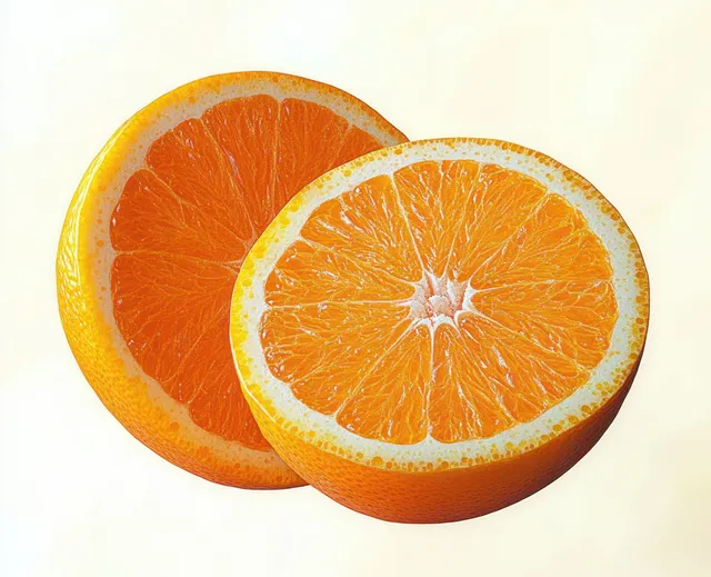 Two halved ripe oranges on a light background showing juicy segments and textured peel.