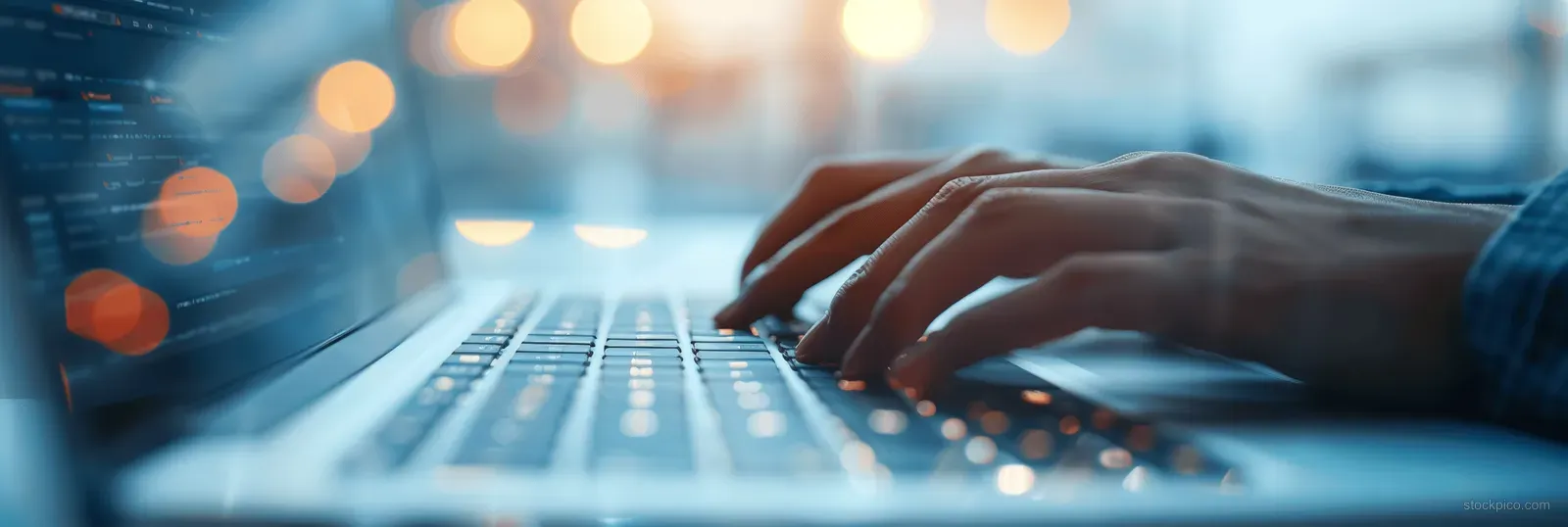 Woman’s hands typing on a laptop keyboard in an office with soft bokeh lights behind.