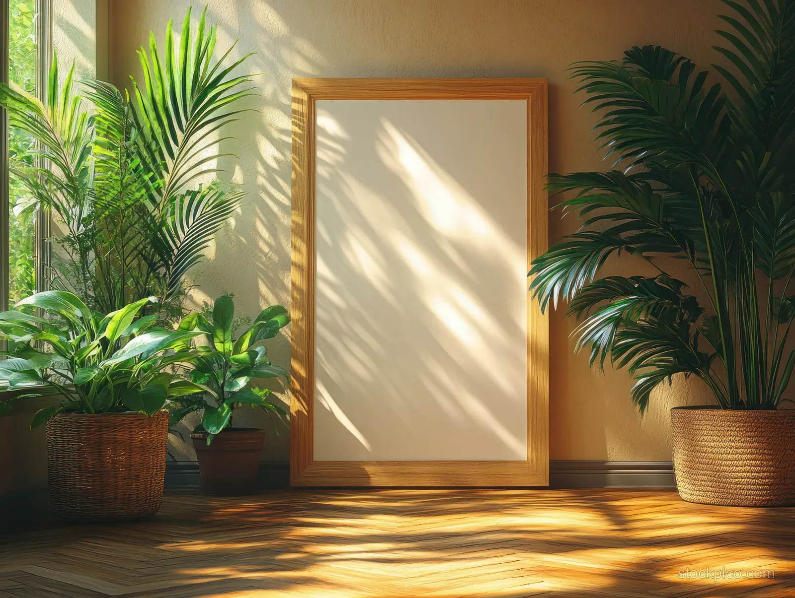 Blank wooden frame in a sunlit minimalist room surrounded by green potted plants and soft floor shadows.