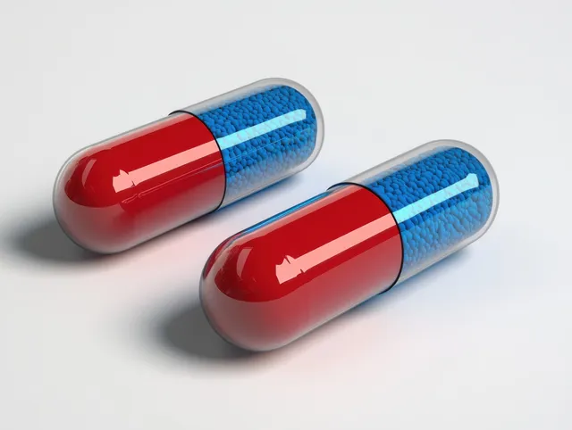 Close-up of two capsule pills with blue beads and glossy red halves on white backdrop with Oral Dosage Form