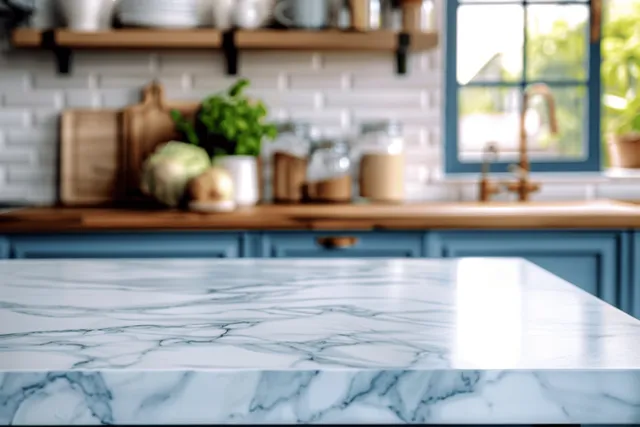 White marble countertop in a blue kitchen with a vase and blurred backsplash and window in the background.
