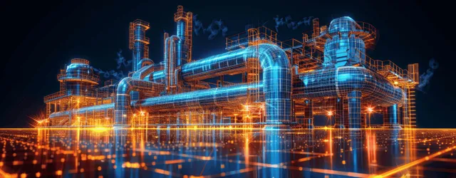 Neon wireframe industrial plant with glowing pipework and heat-pump simulation overlays across a night skyline.