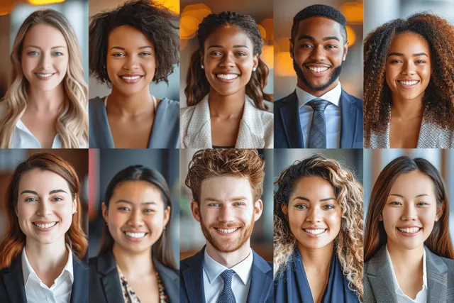 Smiling multicultural professionals appear in a tiled headshot collage against an office-like backdrop.