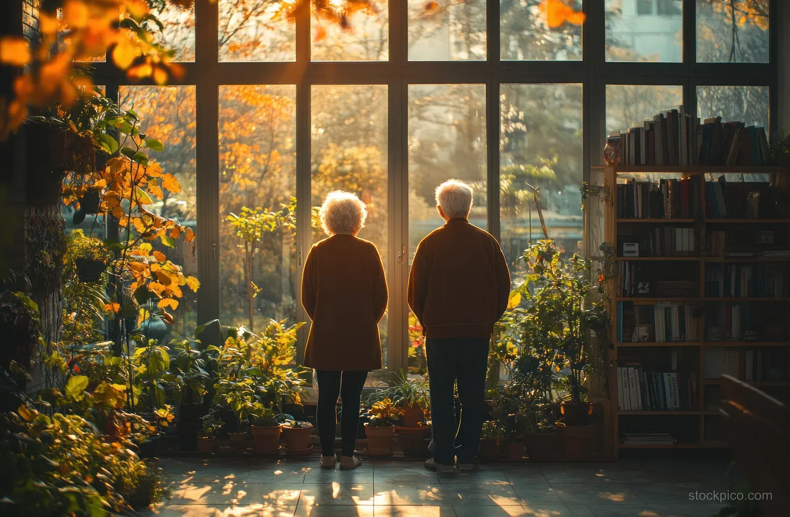 Elderly couple stands together indoors, backlit by warm sunlight through large windows with plants and books in view.