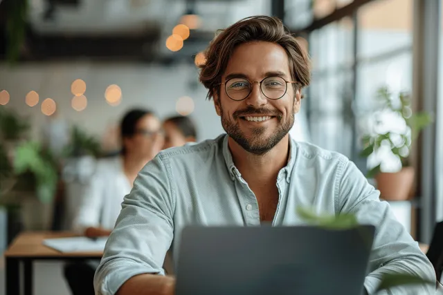 Entrepreneur smiles while typing on a laptop at an office desk, with coworkers blurred in the background.