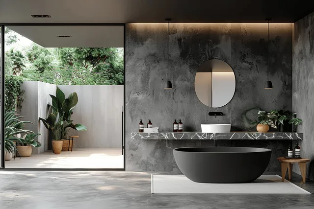 Minimalist bathroom scene with black bathtub, marble sink, circular mirror, and a bright garden view through glass.