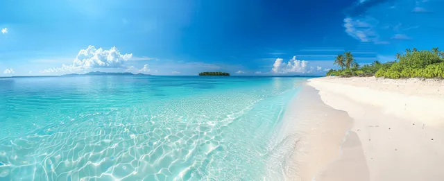 Panoramic tropical beach view with turquoise water, white sand shoreline, distant island