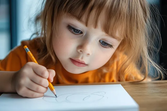 Young girl with freckles drawing with a pencil at a wooden table indoors