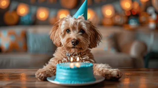 Golden Doodle puppy wearing party hat beside birthday cake on wooden table