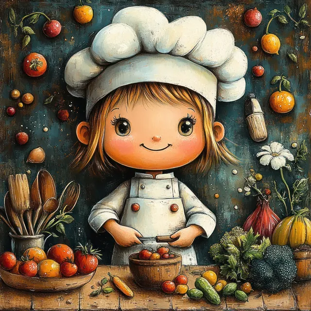 Smiling child chef in a white hat chops vegetables on a rustic wooden table surrounded by fresh produce.