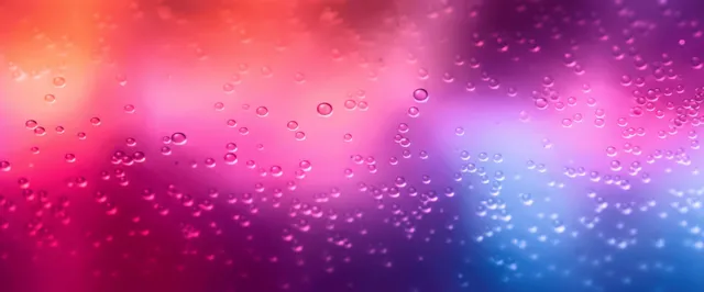 Pink purple blue gradient background with liquid-like glow and floating water droplets