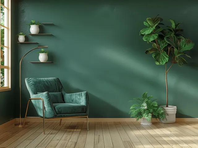 Teal armchair with floor plants sits against an empty dark green wall in a minimal living room.