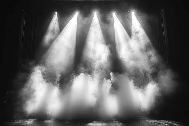 Spotlights shine through thick stage smoke, producing bright white light beams over a dark theater floor.