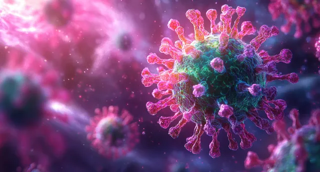 Varicella zoster virus particles overlaid with abstract pink immune background for infection visualization