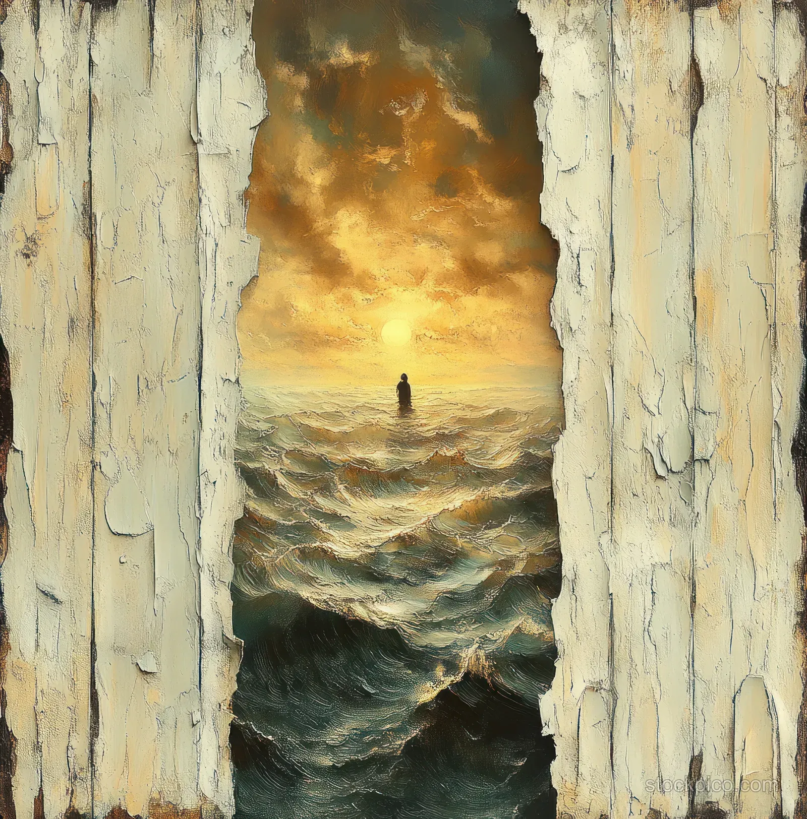 A lone silhouette stands in rough ocean waves framed by peeling wooden boards at sunset.