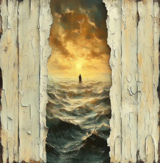 A lone silhouette stands in rough ocean waves framed by peeling wooden boards at sunset.