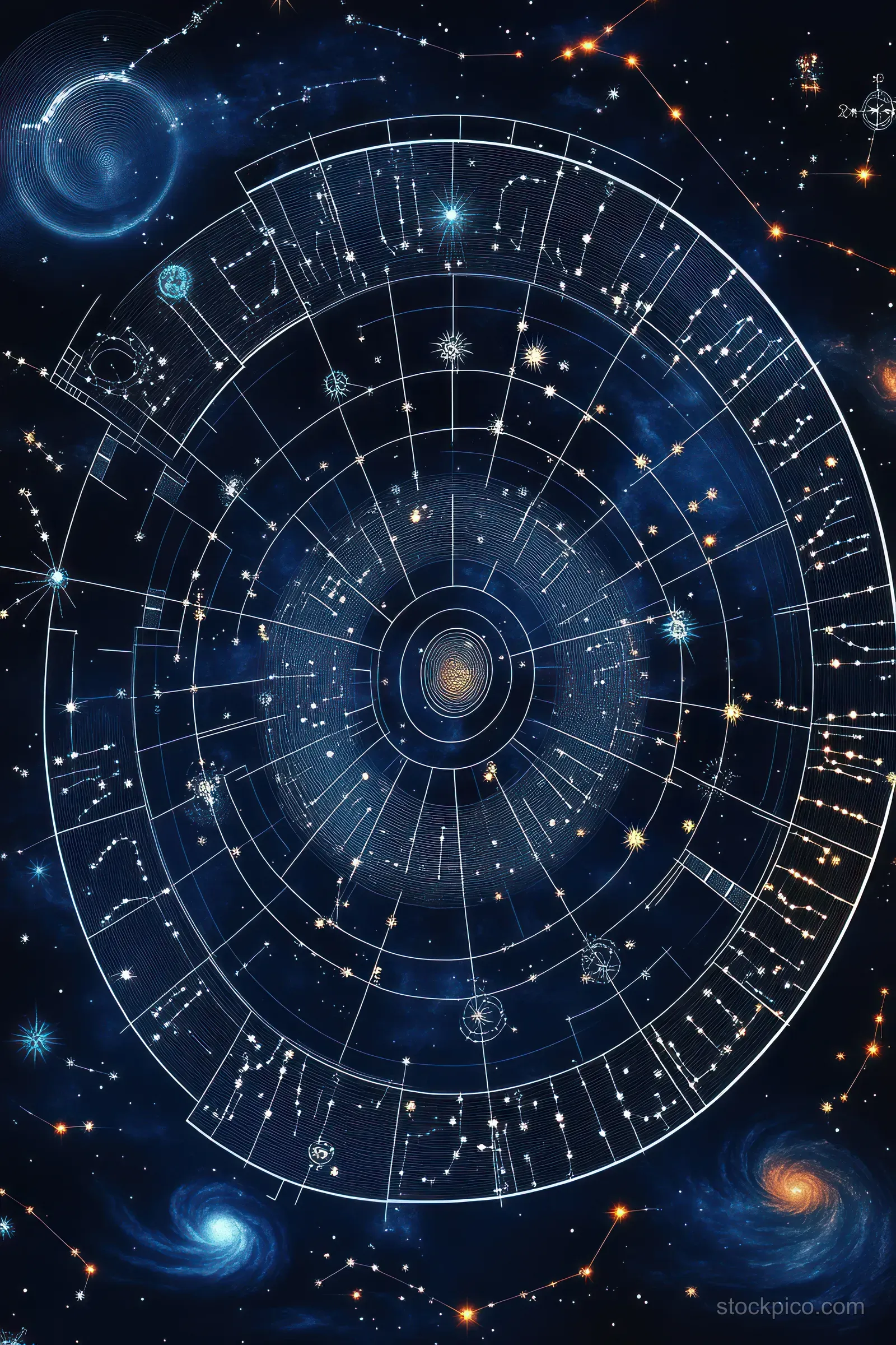 A circular star chart with constellation lines and glowing symbols over a deep space background of galaxies and stars.