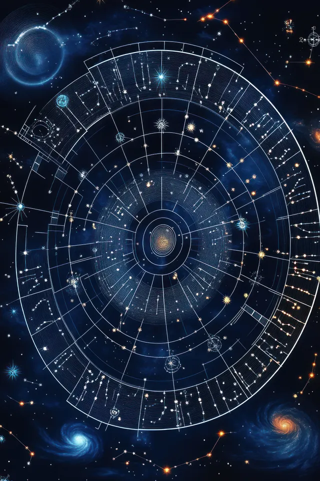 A circular star chart with constellation lines and glowing symbols over a deep space background of galaxies and stars.