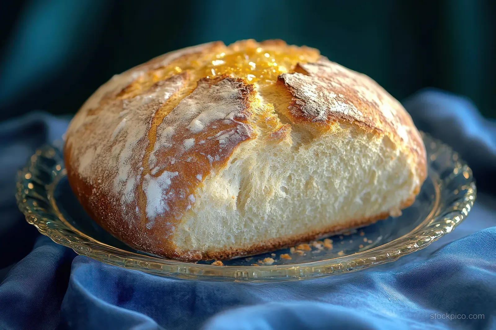 Rustic round loaf of crusty bread on a glass plate with a soft blue cloth background.
