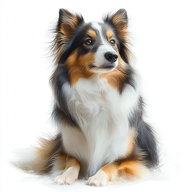 Calm tricolor Shetland sheepdog sitting in studio light on white background, looking slightly aside
