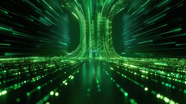 Neon green 3D light tunnels converge from center, showing data stream motion in darkness