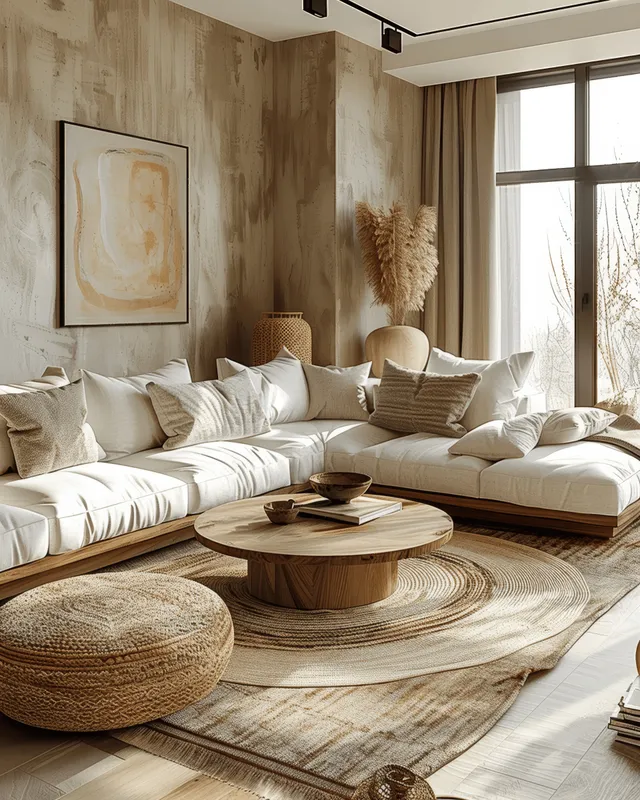 Cream sofa and beige walls in a Scandinavian living room with layered round rugs, wood panel accents, and floor cushions.
