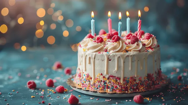 Birthday cake with lit candles, colorful sprinkles, and fresh raspberries on a festive table.