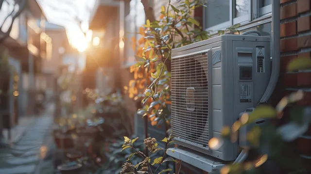 Outdoor air conditioner condenser unit beside garden plants under golden sunlight with soft bokeh background.