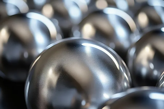 Close-up of clustered shiny metallic spheres with smooth polished surfaces reflecting light.
