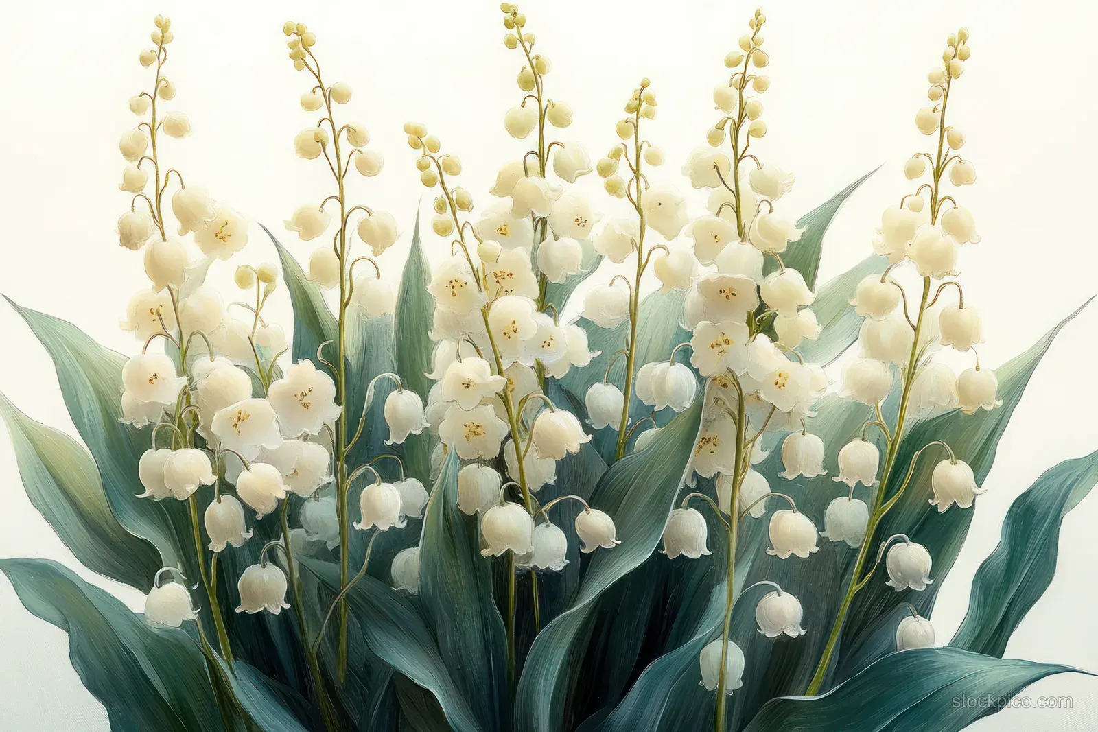 Watercolor lily of the valley bouquet with white bell flowers and green leaves on a soft pale background.