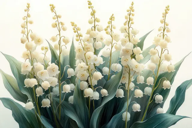 Watercolor lily of the valley bouquet with green leaves and pale bell blossoms on soft wash