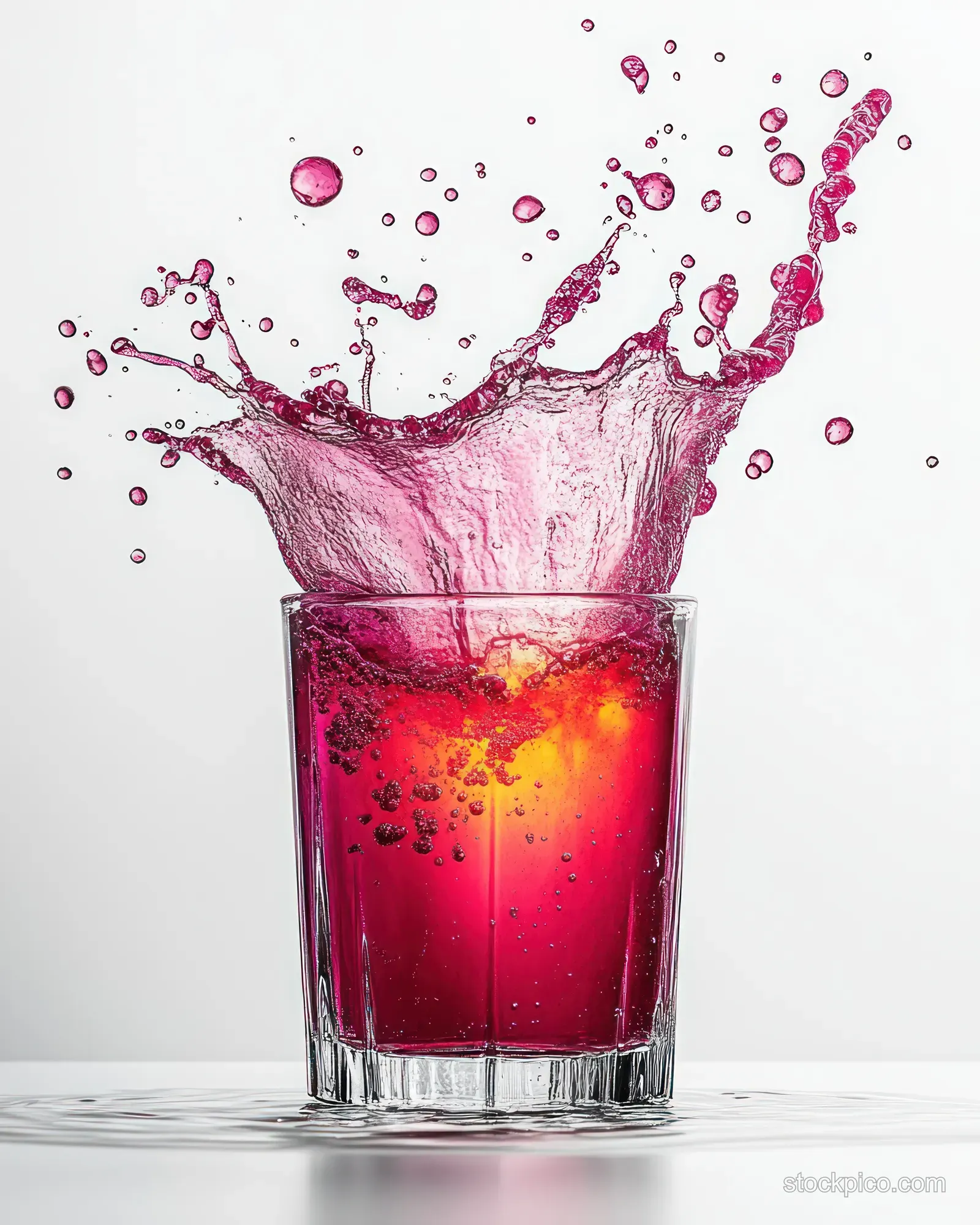 Frozen red liquid splash erupts from a clear glass with bubbles and an orange slice against a light background.