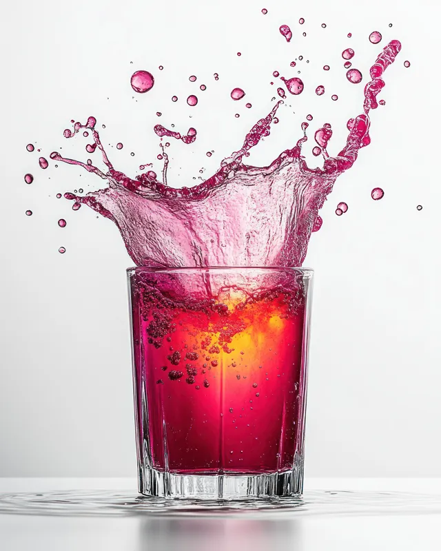 Frozen red drink splash erupts from clear glass with orange slice and sparkling droplets