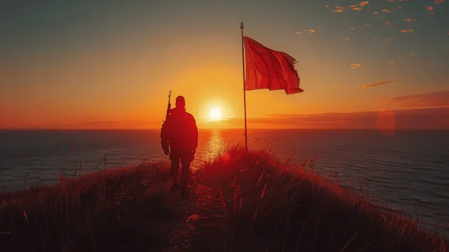 Soldier stands on hilltop at sunset, red flag waving over ocean horizon