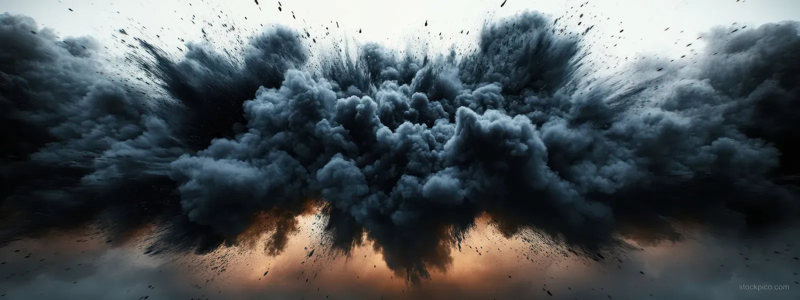 Black smoke explosion spreads over a dark landscape with a dramatic light-and-shadow burst and floating ash.