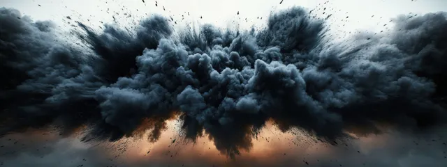 Black smoke explosion spreads over a dark landscape with a dramatic light-and-shadow burst and floating ash.