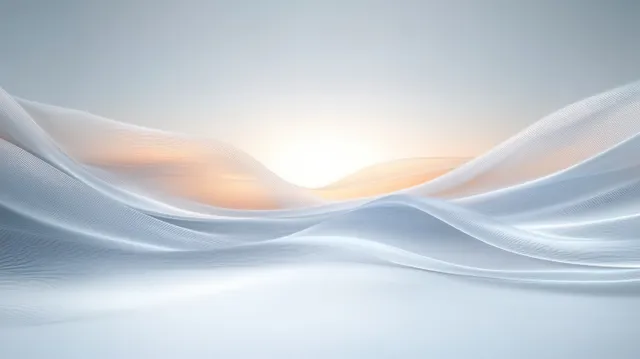 Abstract white landscape with flowing light trails and a glowing distant horizon