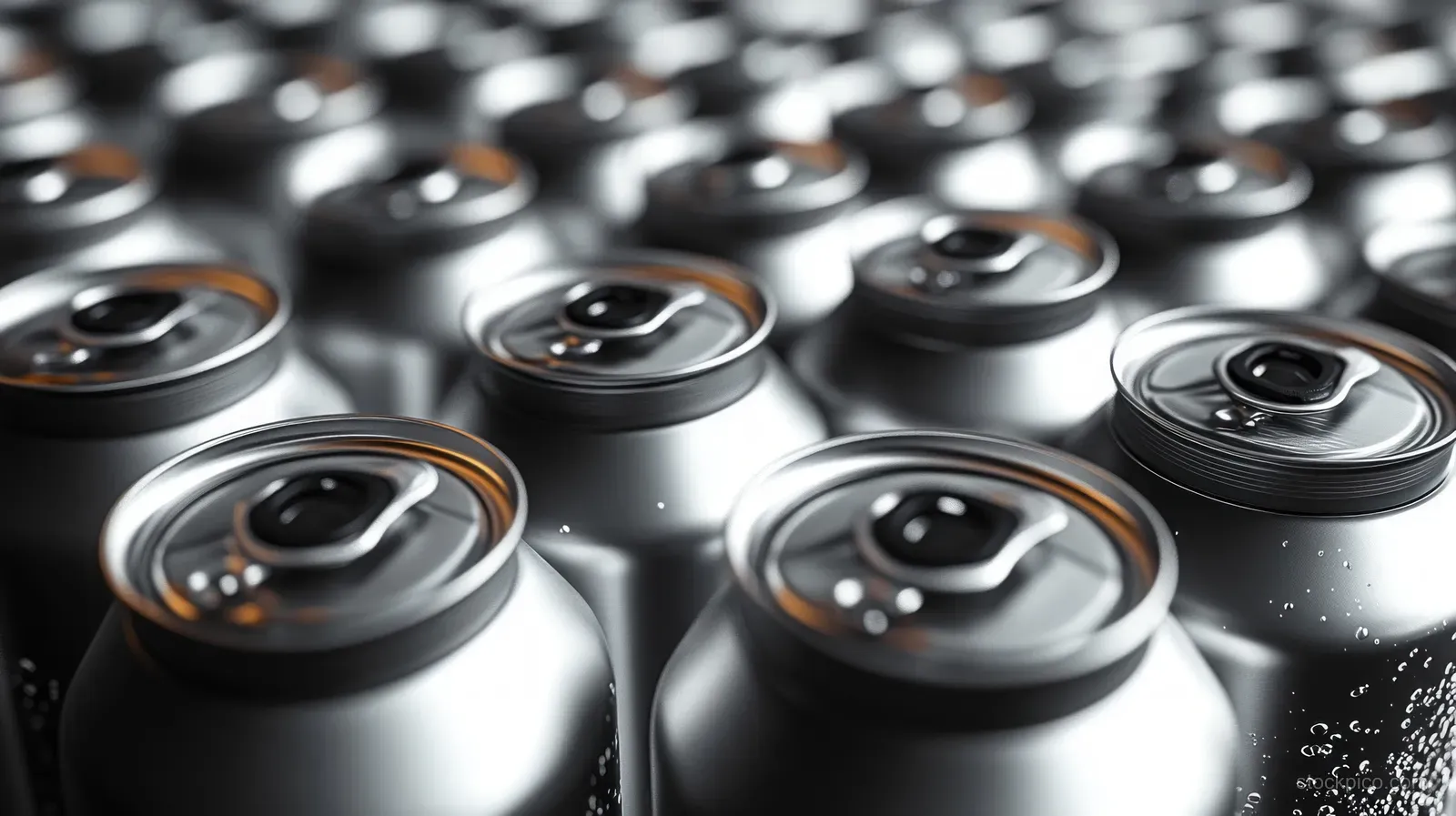 Tightly packed silver soda cans with condensation droplets and reflective metal lids fill the frame.