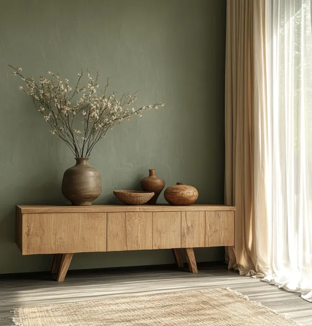 Light wooden sideboard with vases and dried branches against an olive wall beside sheer curtains in soft daylight.