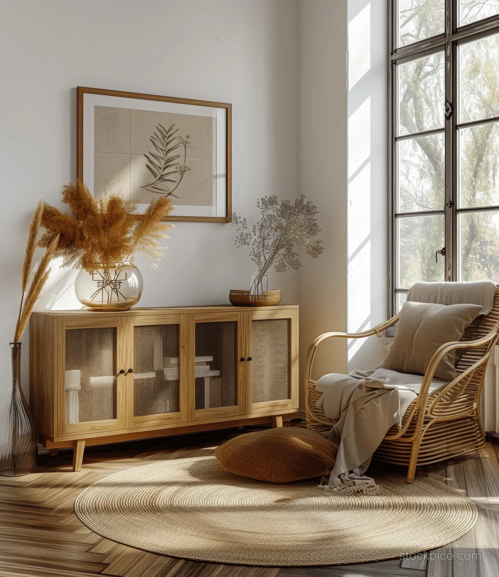 Boho living room interior with a natural wood and glass cabinet, rattan chair, framed art, and sunlit window light.
