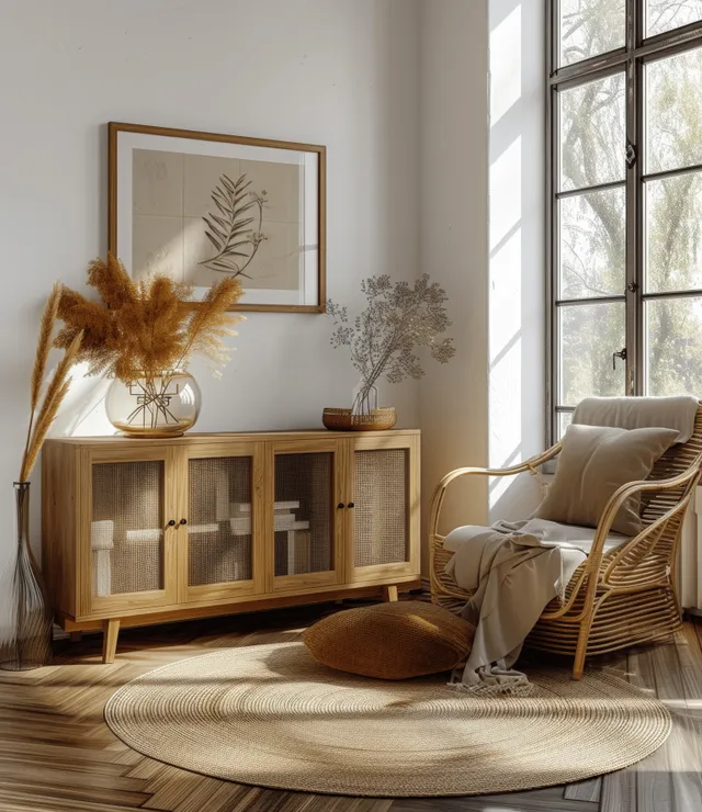 Boho living room interior with a natural wood and glass cabinet, rattan chair, framed art, and sunlit window light.