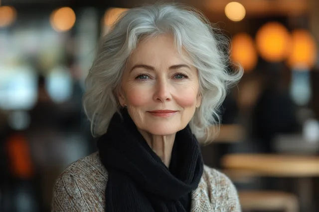 Smiling elderly woman seated in modern cafe, soft bokeh lights behind her