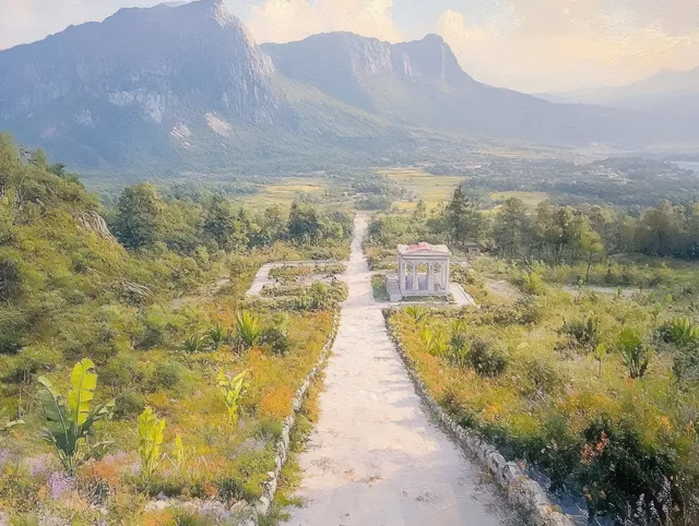 Aerial shot shows a concrete path past an abandoned bunker surrounded by vegetation with mountains and clouds behind.