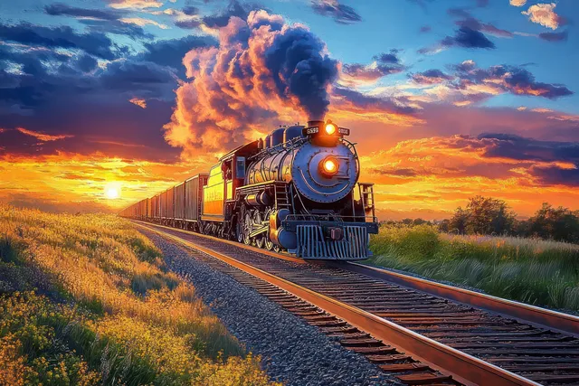 Vintage steam locomotive hauling freight cars along railroad tracks at sunset with glowing headlight and smoke.