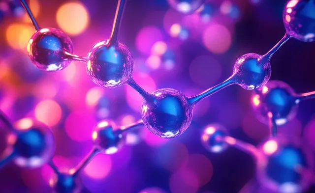 Glowing atom spheres connected by molecular bonds float against a purple pink bokeh background.